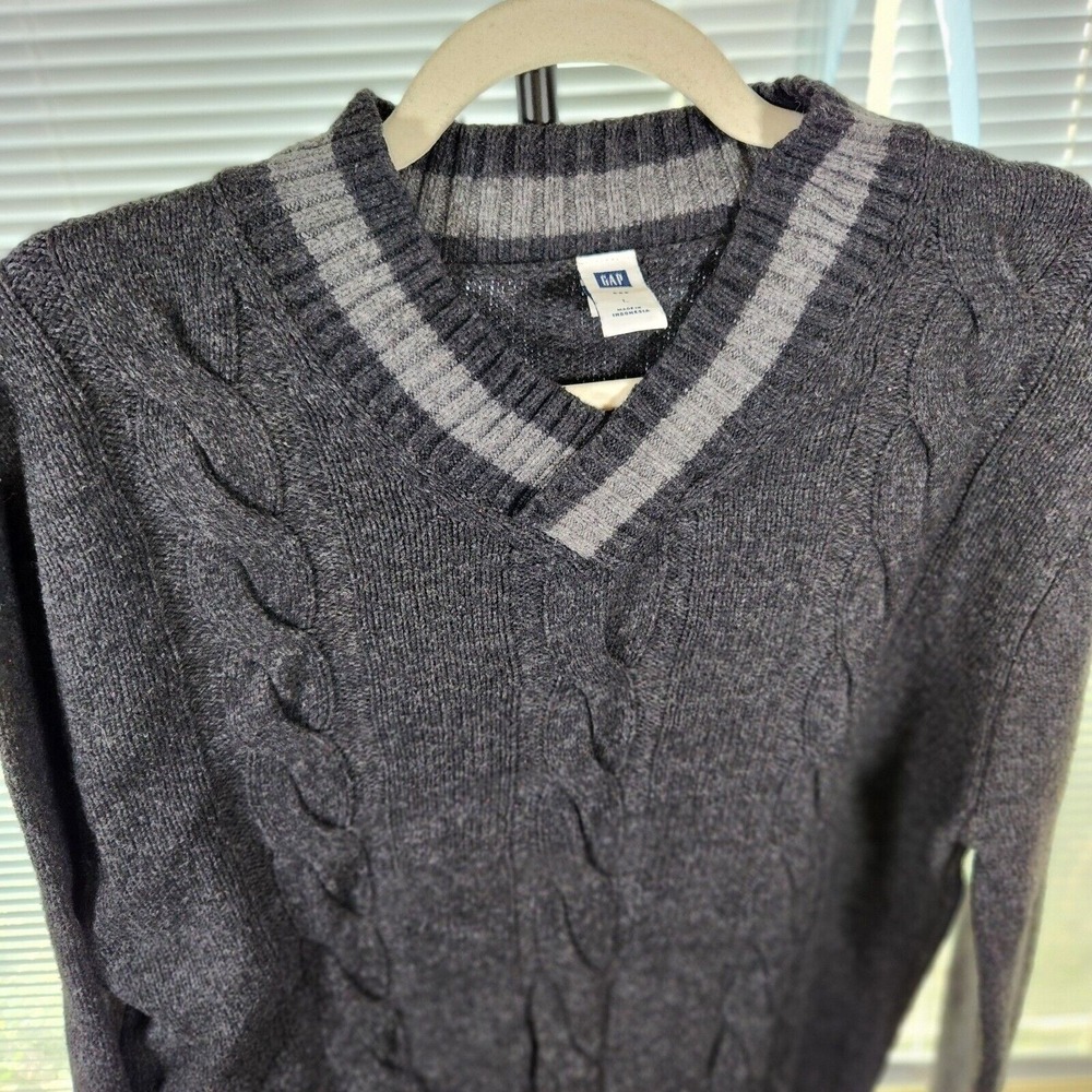 GAP $80 Large Gray Cotton Wool Blend V Neck Cable Knit Retro 90s‎ Style Sweater